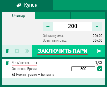 Купон ставки на чет в основное время матча Неман Белшина в Лиге Ставок