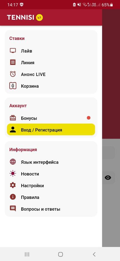 Главное меню приложения Tennisi