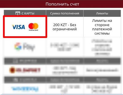 Пополнение счета с карты