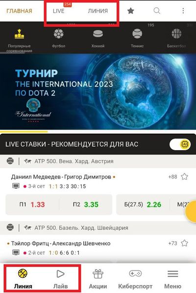 Вверху выделены вкладки «Линия» и «Live»
