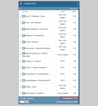 Скриншот экспресса с кэфом больше 13