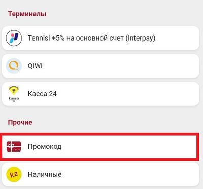 Часть платежных методов в Tennisi. Красным цветом выделена кнопка раздела, в котором можно активировать промокод