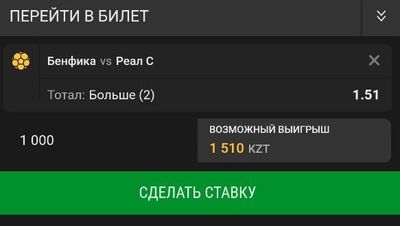 Ставка на тотал голов в матче «Бенфика» – «Реал Сосьедад» больше (2,0)