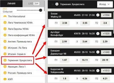 Из списка турниров выбрана немецкая Бундеслига. В центре экрана отобразились матчи, на которые можно поставить экспресс в Ubet