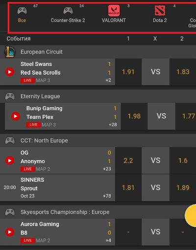 На скриншоте выделены кибердисциплины, доступные для ставок. Выбрана вкладка «Все», поэтому на странице видны все доступные матчи
