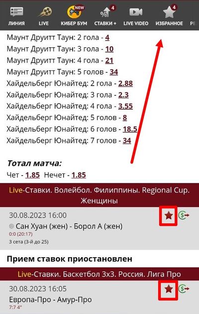 Значок звездочки для добавления матча в избранное. Вверху – кнопка для перехода на страницу с избранными матчами