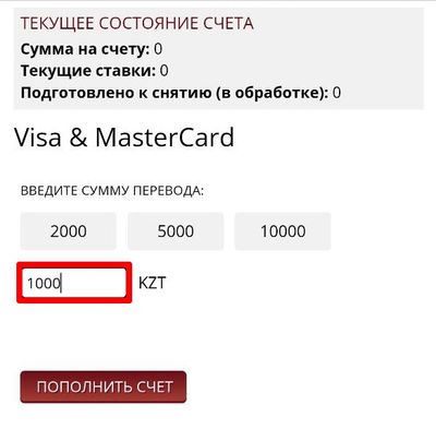 Пополнение в «Олимпбет» с карты на ₸1000. Выделено поле для ввода суммы, ниже – кнопка «Пополнить счет»