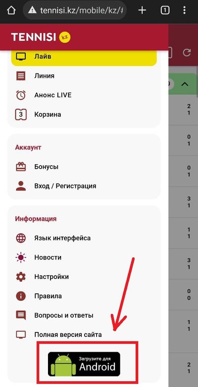 Навигационное меню Tennisi. Внизу выделена кнопка для перехода к приложению