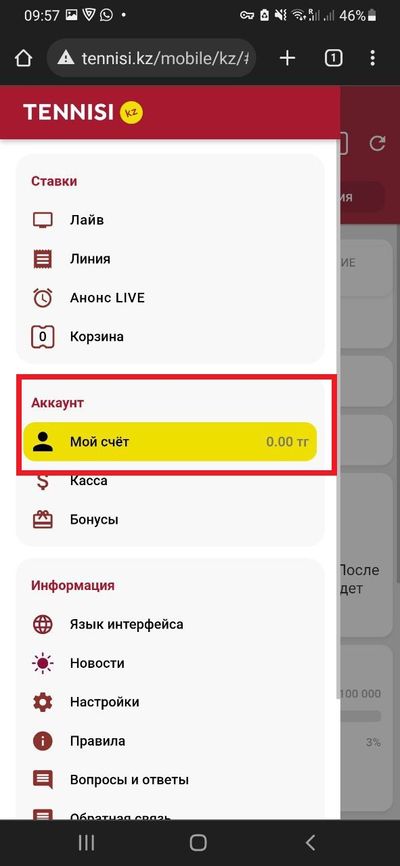 Раздел «Мой счет» в личном кабинете в мобильной версии Tennisi
