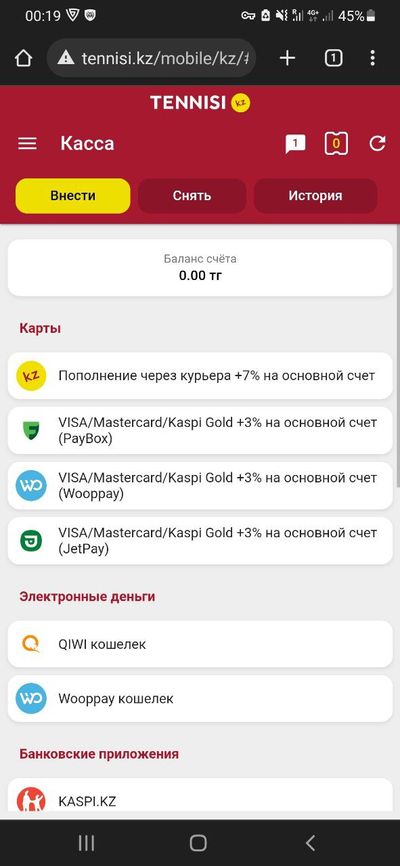 Способы пополнения счёта на сайте tennisi.kz
