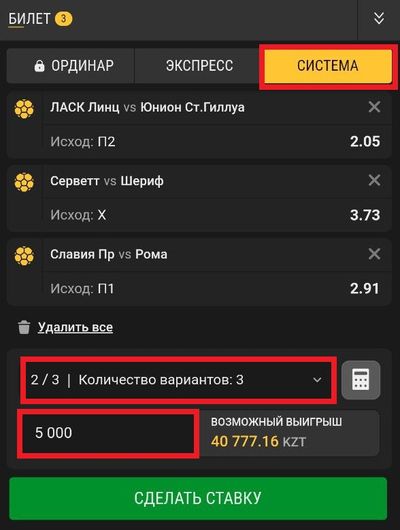 Вверху выбран тип ставки «Система». Внизу выделены поля для ввода суммы (на скриншоте – 5000 тенге) и выбора размерности системы (2/3)