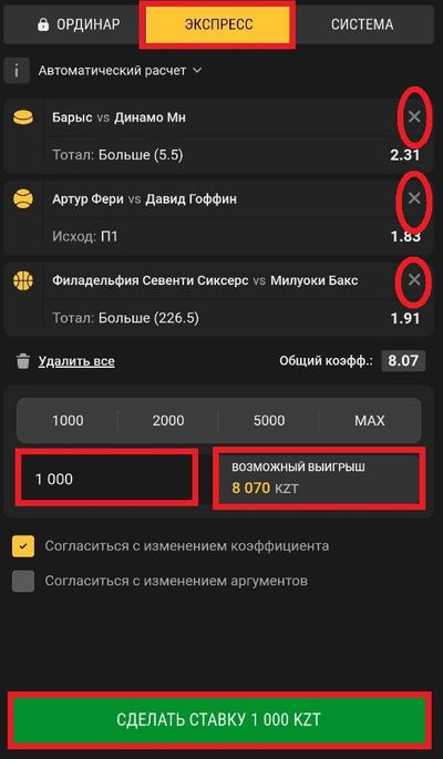 Вверху выбран тип ставки. В центре экрана выделено поле для ввода суммы (в данном случае – 1000 тенге), рядом указан потенциальный выигрыш