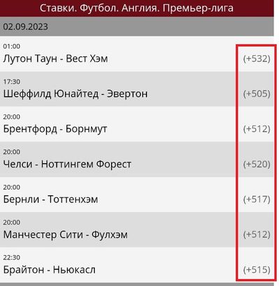На скриншоте выделено количество рынков ставок в росписи матчей АПЛ, на которые можно делать ставки в «Олимпбет»