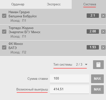 Пример ставки 100 рублей системой 2 из 3 на чемпионат Беларуси
