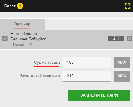 Билет ставки ординаром в Бинго Бум: ставка 100 рублей на победу Немана