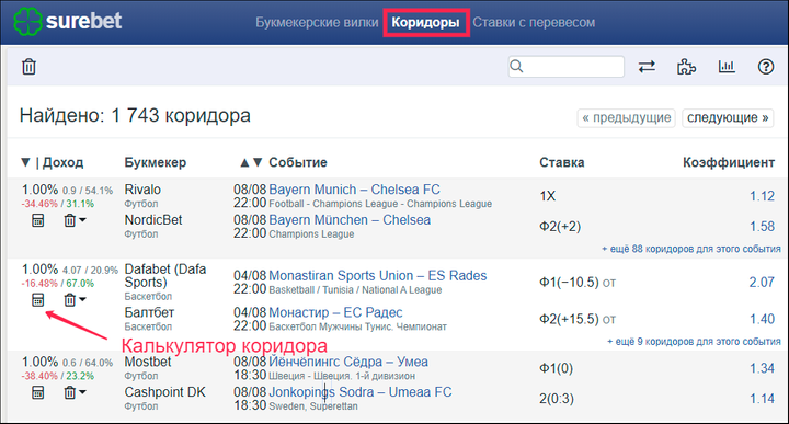 Нажмите на значек, чтобы открыть калькулятор коридоров онлайн от в Surebet