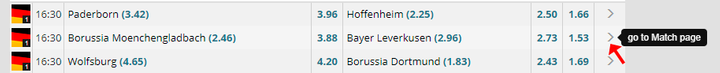 Сравнение коэффициентов на Odds Help: из списка матчей переходим на страницу нужной игры после клика на стрелочку