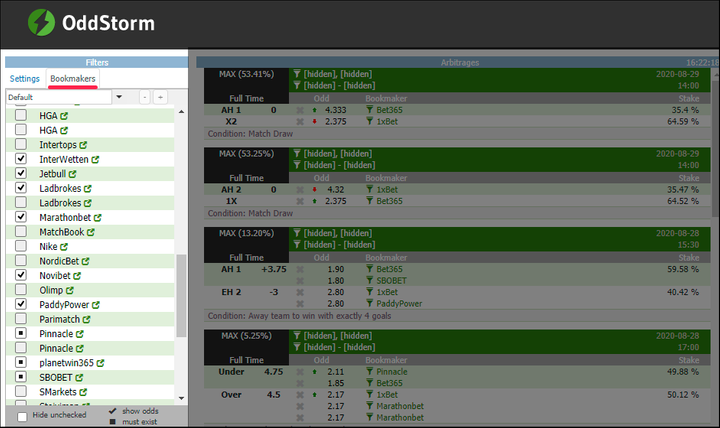На OddStrom фильтр по букмекерам настраивается в панели Bookmakers